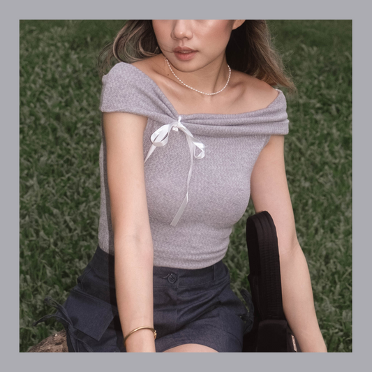 [ 透薄透氣~ 綁帶蝴蝶結 Off Shoulder Top ] Ribbon Bow Sheer Knit Off Shoulder Top - 3 colours