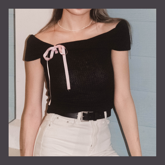 [ 透薄透氣~ 綁帶蝴蝶結 Off Shoulder Top ] Ribbon Bow Sheer Knit Off Shoulder Top - 3 colours