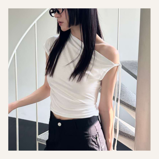 [ 清涼感~ 個性鴛鴦袖 top ] Shook Single & Tie Shoulder Top