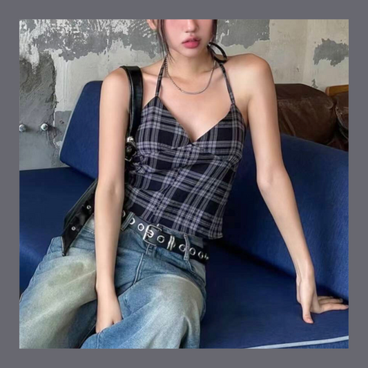[ 個性不撞款 復古甜辣格仔吊帶 ] Checked Vintage Top (free scrunchie!) - 2 colours