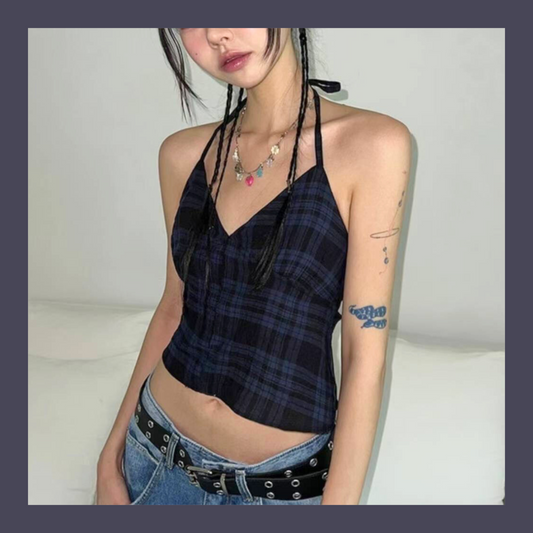 [ 個性不撞款 復古甜辣格仔吊帶 ] Checked Vintage Top (free scrunchie!) - 2 colours