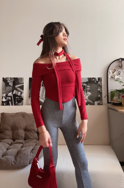 [ 低調地搶眼~] Ruched Off Shoulder Skinny Scarf Top - 2 colours
