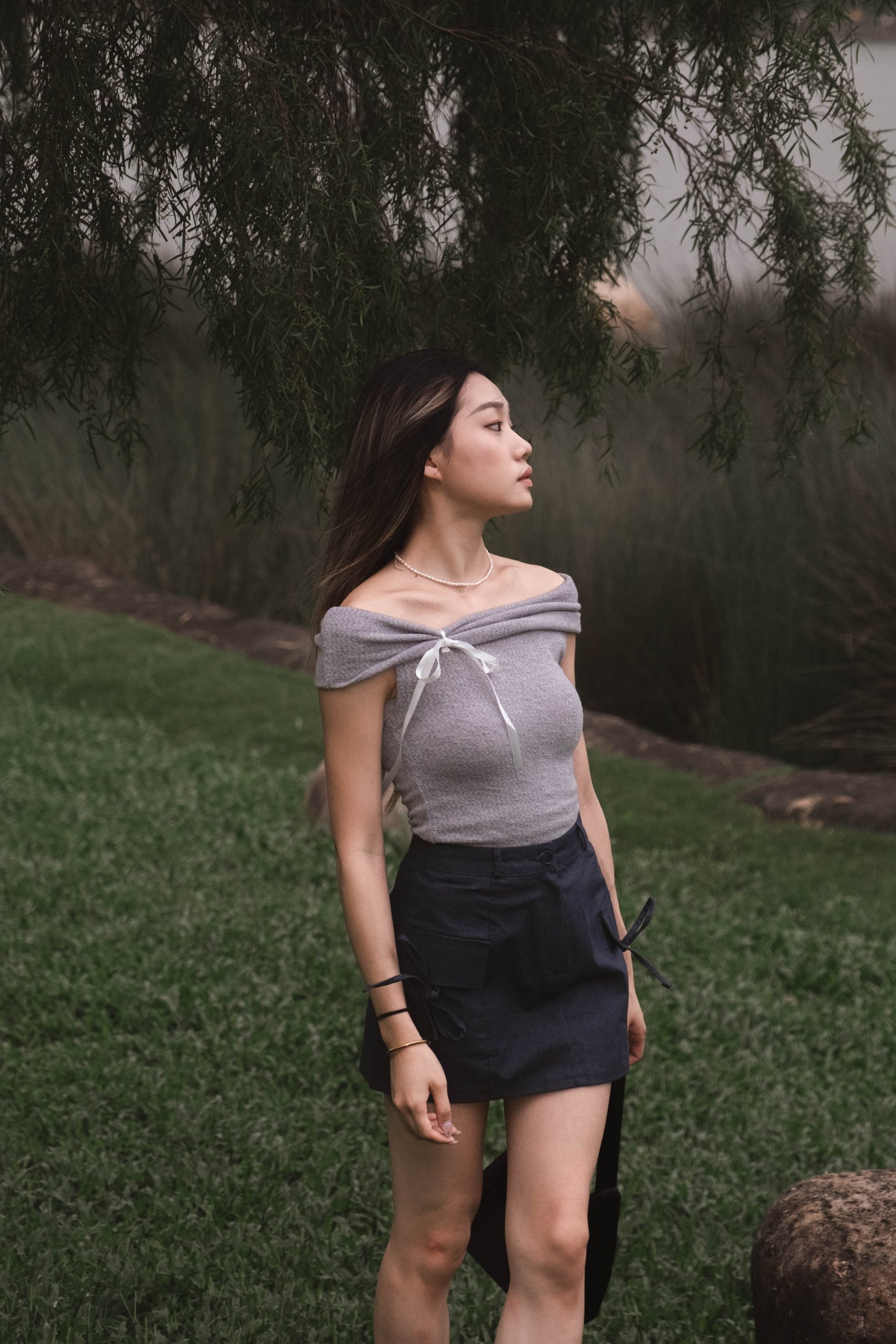 [ 透薄透氣~ 綁帶蝴蝶結 Off Shoulder Top ] Ribbon Bow Sheer Knit Off Shoulder Top - 3 colours