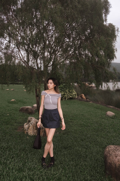 [ 透薄透氣~ 綁帶蝴蝶結 Off Shoulder Top ] Ribbon Bow Sheer Knit Off Shoulder Top - 3 colours