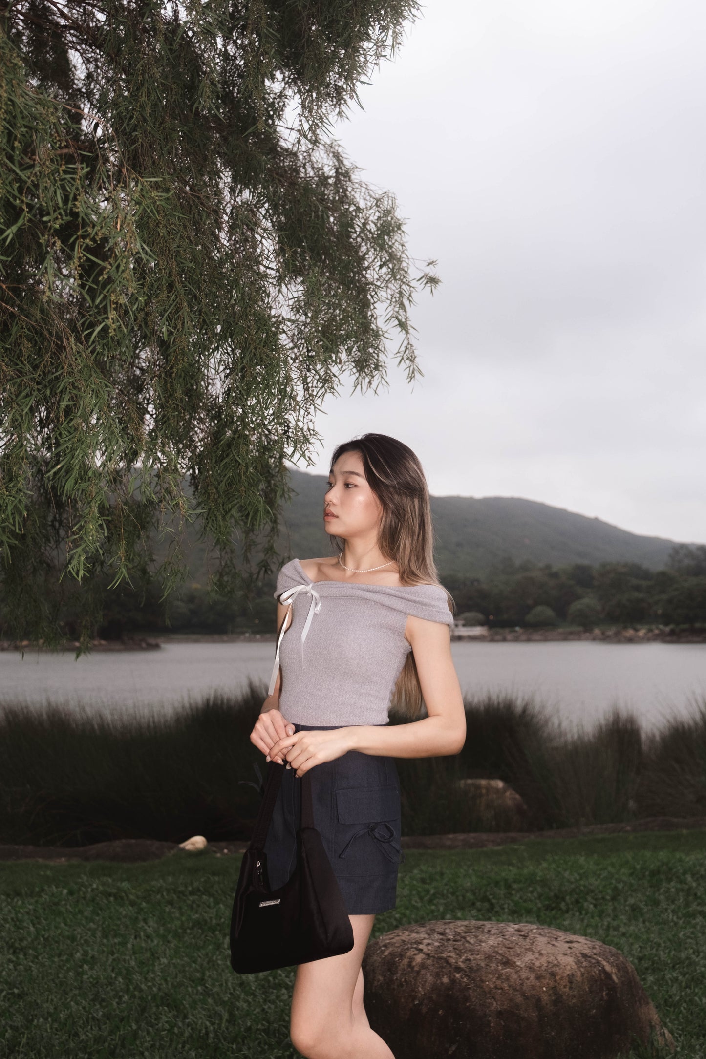 [ 透薄透氣~ 綁帶蝴蝶結 Off Shoulder Top ] Ribbon Bow Sheer Knit Off Shoulder Top - 3 colours