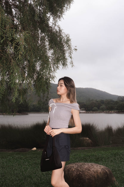 [ 透薄透氣~ 綁帶蝴蝶結 Off Shoulder Top ] Ribbon Bow Sheer Knit Off Shoulder Top - 3 colours