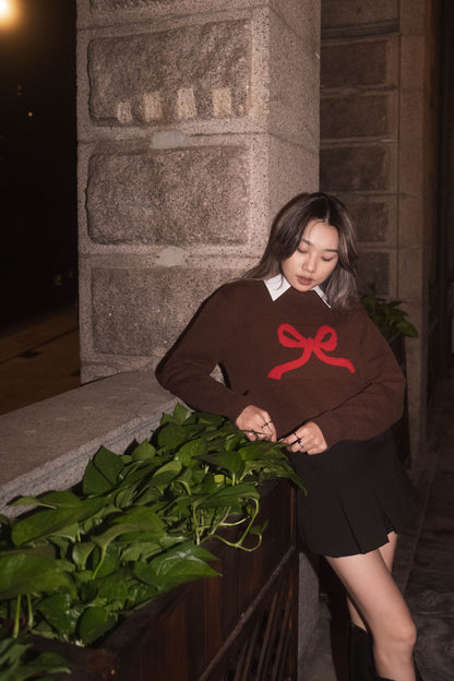 [ 潮流必備！蝴蝶結針織 top ] Bow Ribbon Sweater - Brown
