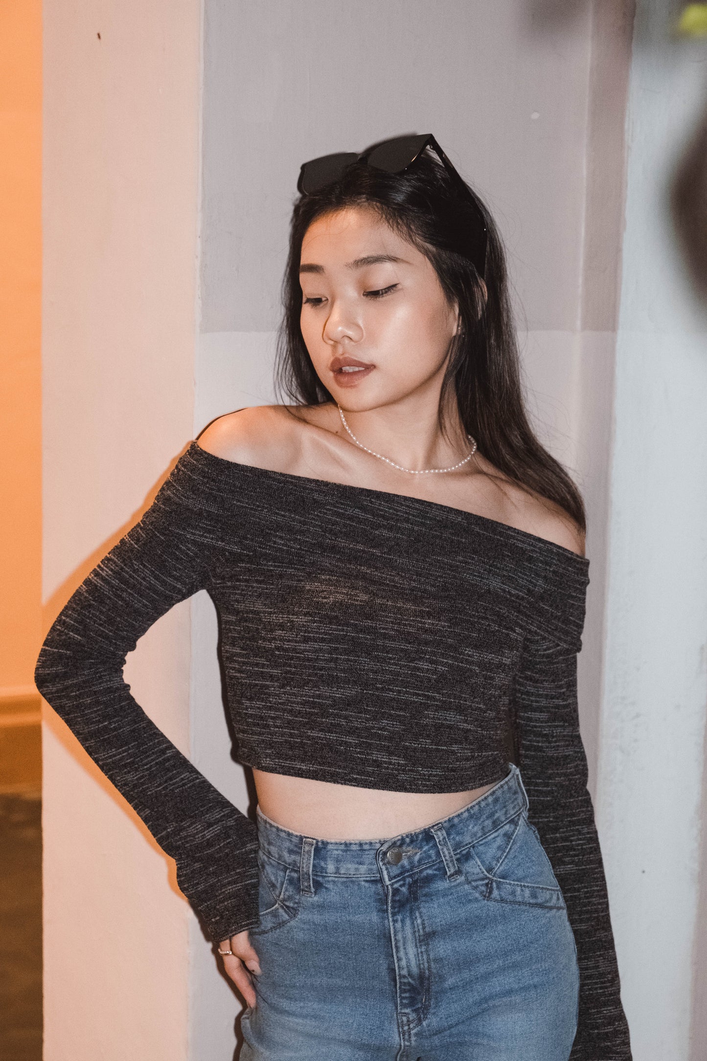 [ 氣質 get~ 混針針織一字膊 ] Low Key Off Shoulder Long Sleeve Top