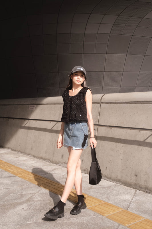 [ 韓國連線 🇰🇷 清涼感~ 波點泡泡 top ] Dot Dot Bubble Top - Black