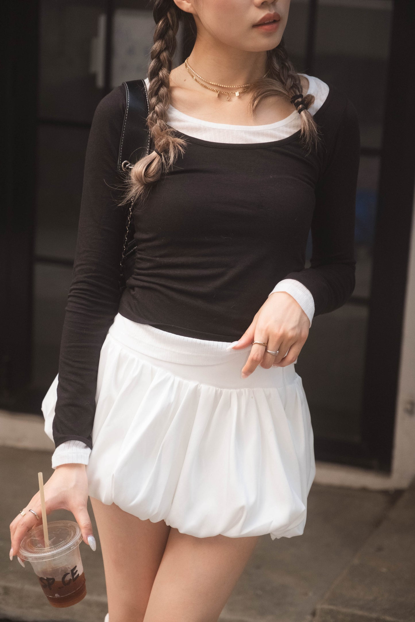 [ 有驚喜! 假兩件簡約 Top ] Long Sleeve Layering Tee - Black