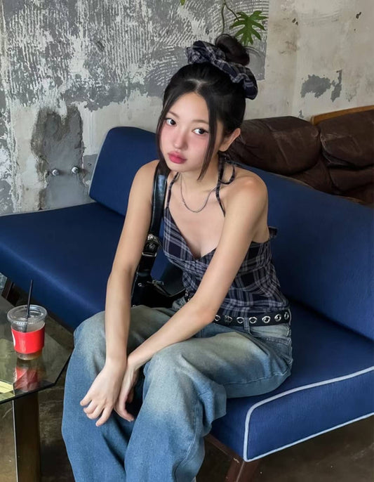 [ 個性不撞款 復古甜辣格仔吊帶 ] Checked Vintage Top (free scrunchie!) - 2 colours