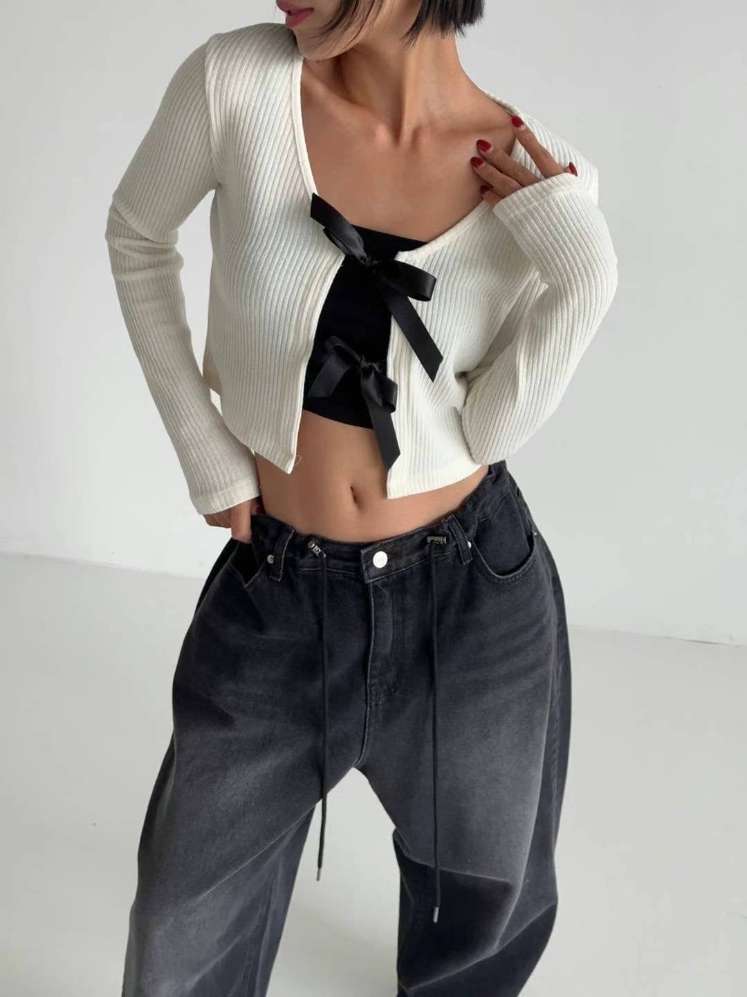 [ 回頭率UP! 絲帶蝴蝶結 top! ] Double Ribbon Long Sleeve Top