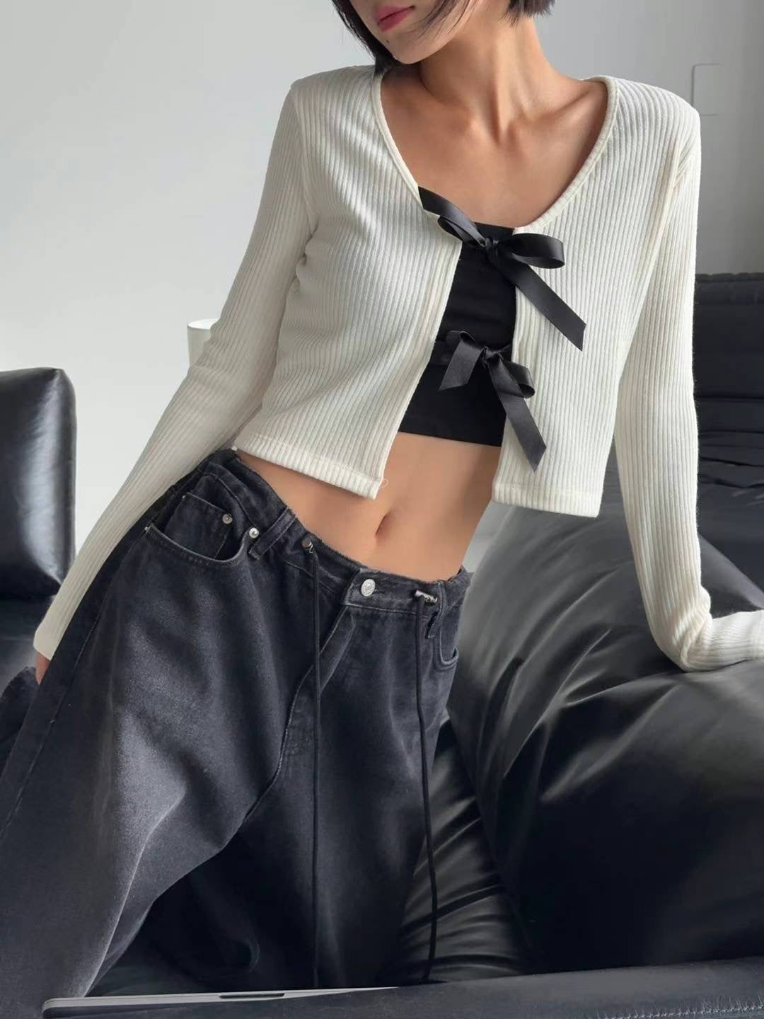 [ 回頭率UP! 絲帶蝴蝶結 top! ] Double Ribbon Long Sleeve Top