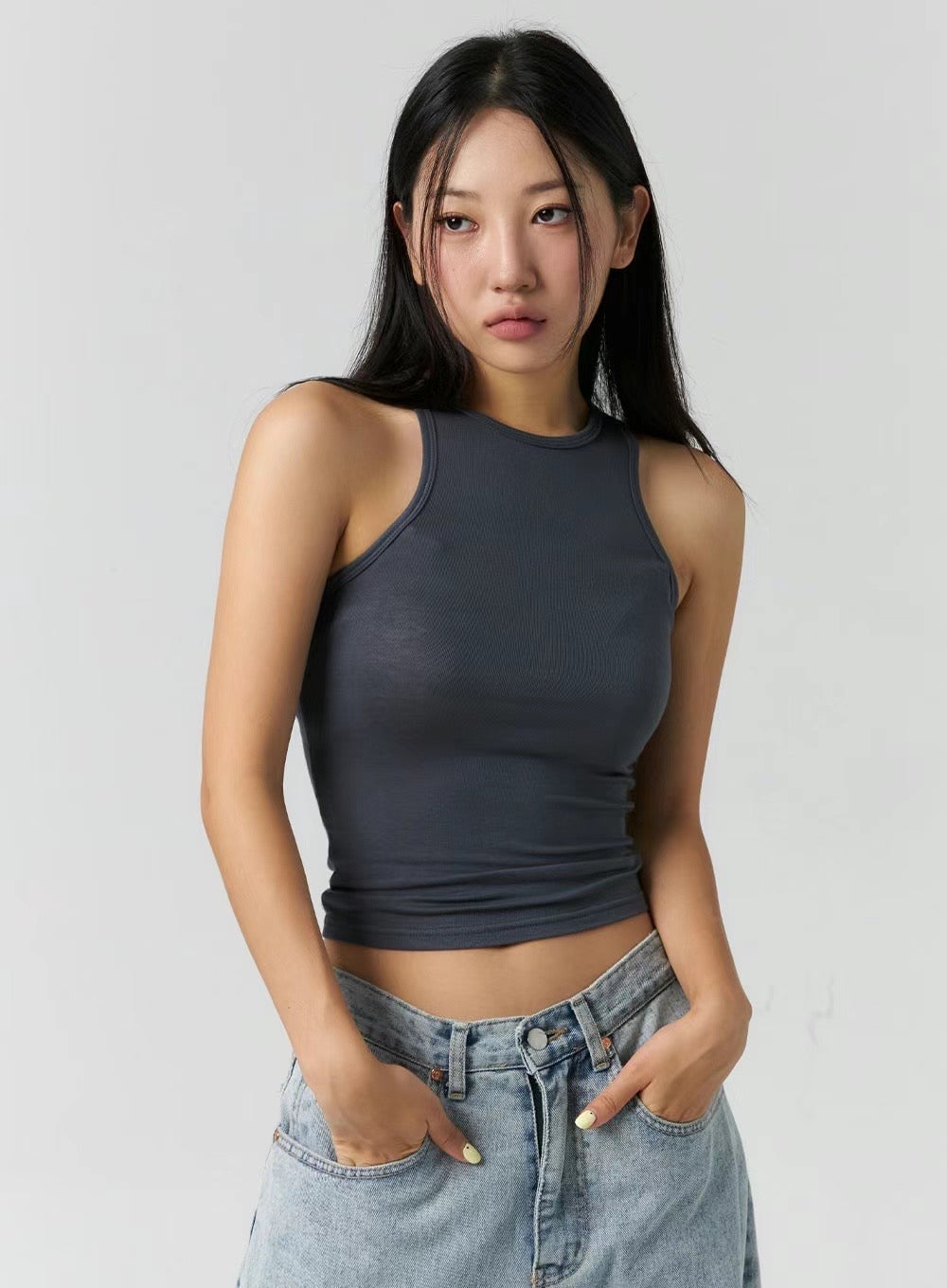 [ 無法抗拒的軟綿綿質感! ] Sheer Halter Neck Top - Grey
