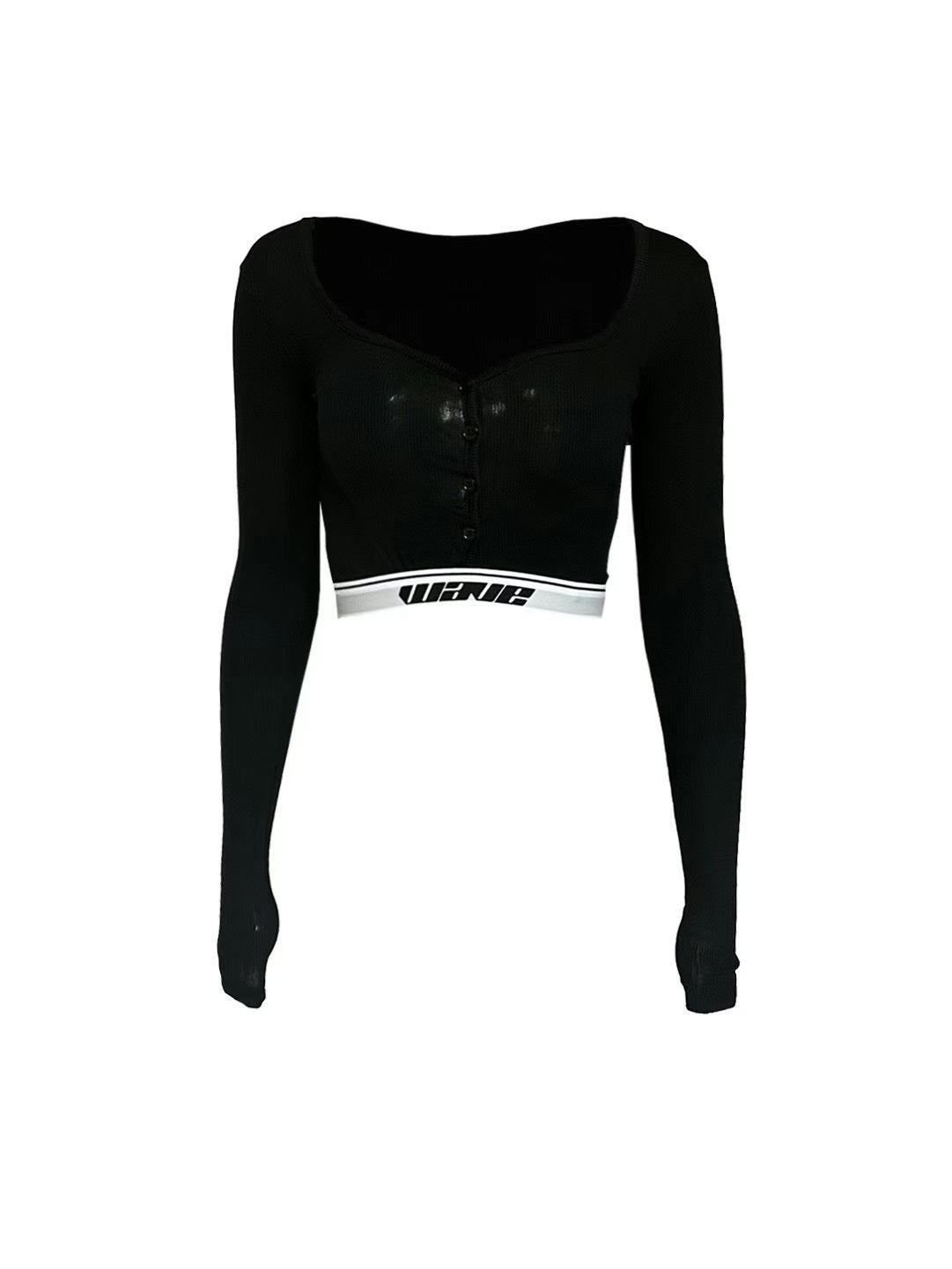 [ 個性不撞款! ] Rubbery Long Sleeve Cropped Top - Black