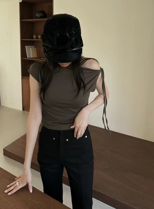 [ 清涼感~ 個性鴛鴦袖 top ] Shook Single & Tie Shoulder Top