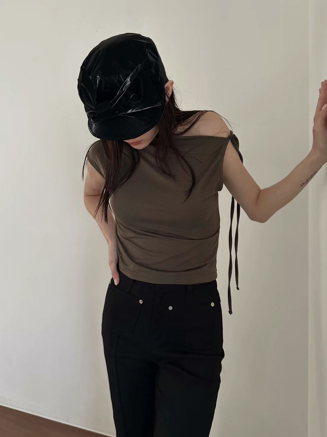 [ 清涼感~ 個性鴛鴦袖 top ] Shook Single & Tie Shoulder Top