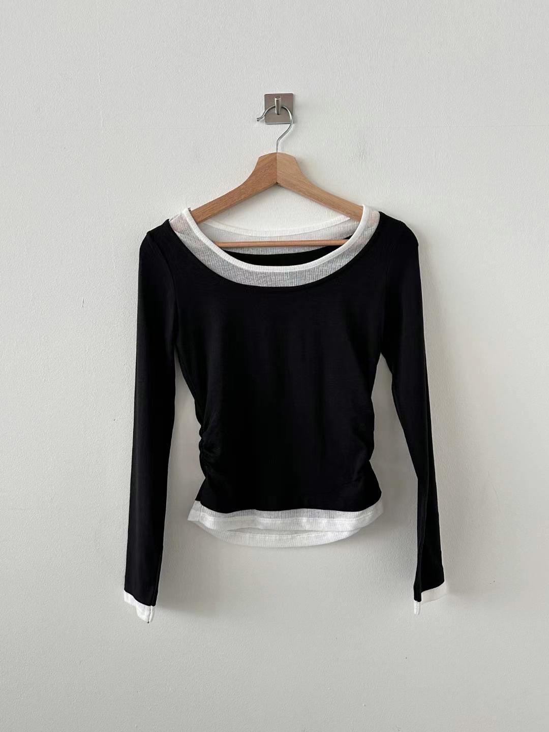 [ 有驚喜! 假兩件簡約 Top ] Long Sleeve Layering Tee - Black