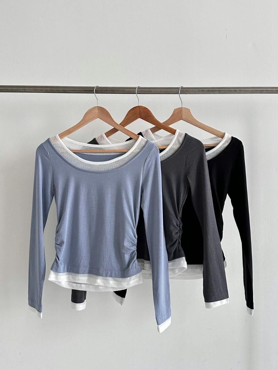 [ 有驚喜! 假兩件簡約 Top ] Long Sleeve Layering Tee - Black