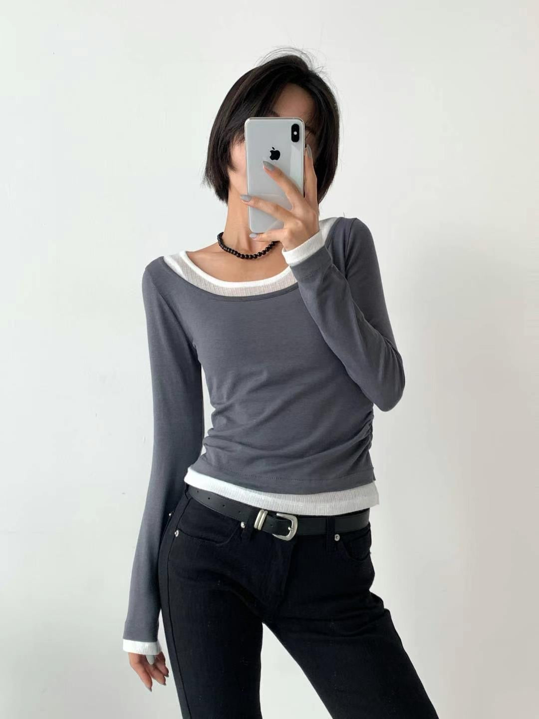 [ 有驚喜! 假兩件簡約 Top ] Long Sleeve Layering Tee - 3 colours
