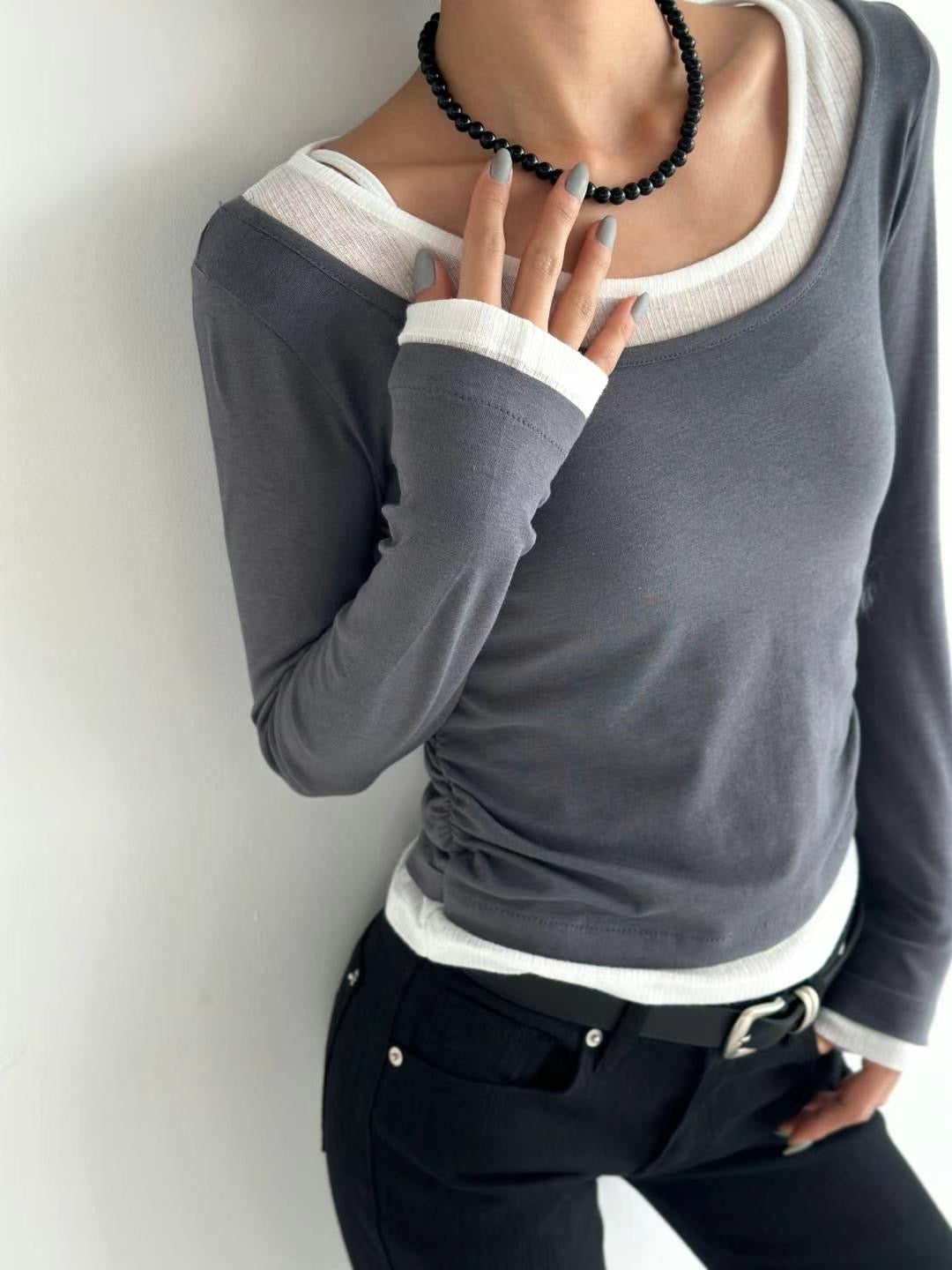 [ 有驚喜! 假兩件簡約 Top ] Long Sleeve Layering Tee - 3 colours