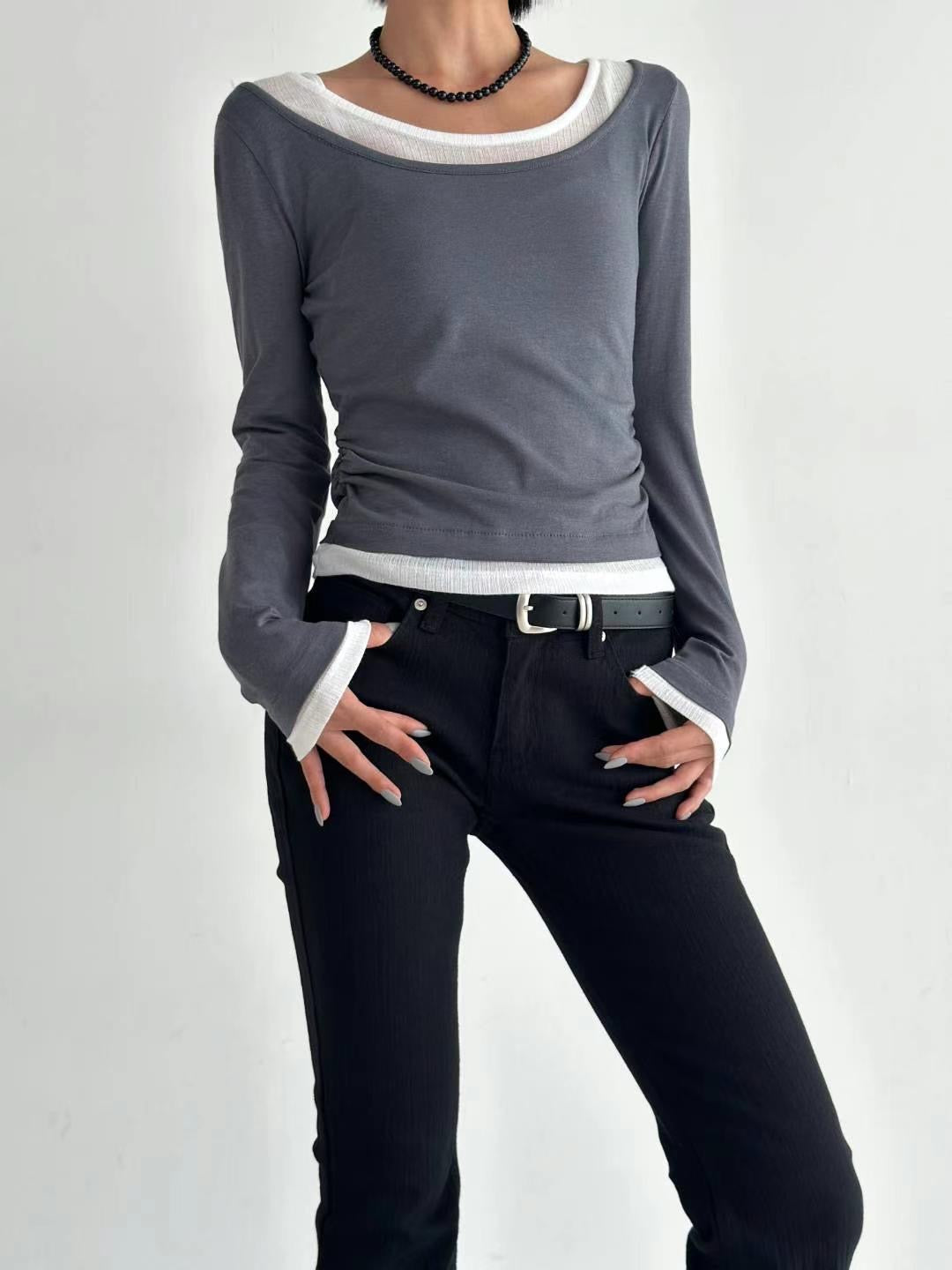 [ 有驚喜! 假兩件簡約 Top ] Long Sleeve Layering Tee - 3 colours