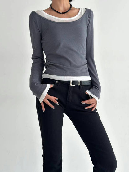 [ 有驚喜! 假兩件簡約 Top ] Long Sleeve Layering Tee - 3 colours
