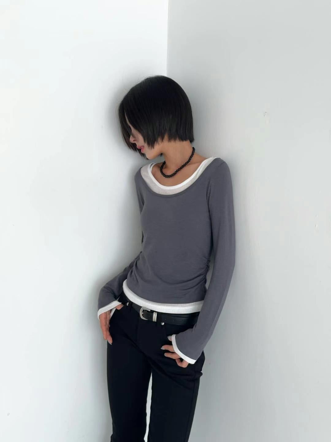 [ 有驚喜! 假兩件簡約 Top ] Long Sleeve Layering Tee - 3 colours