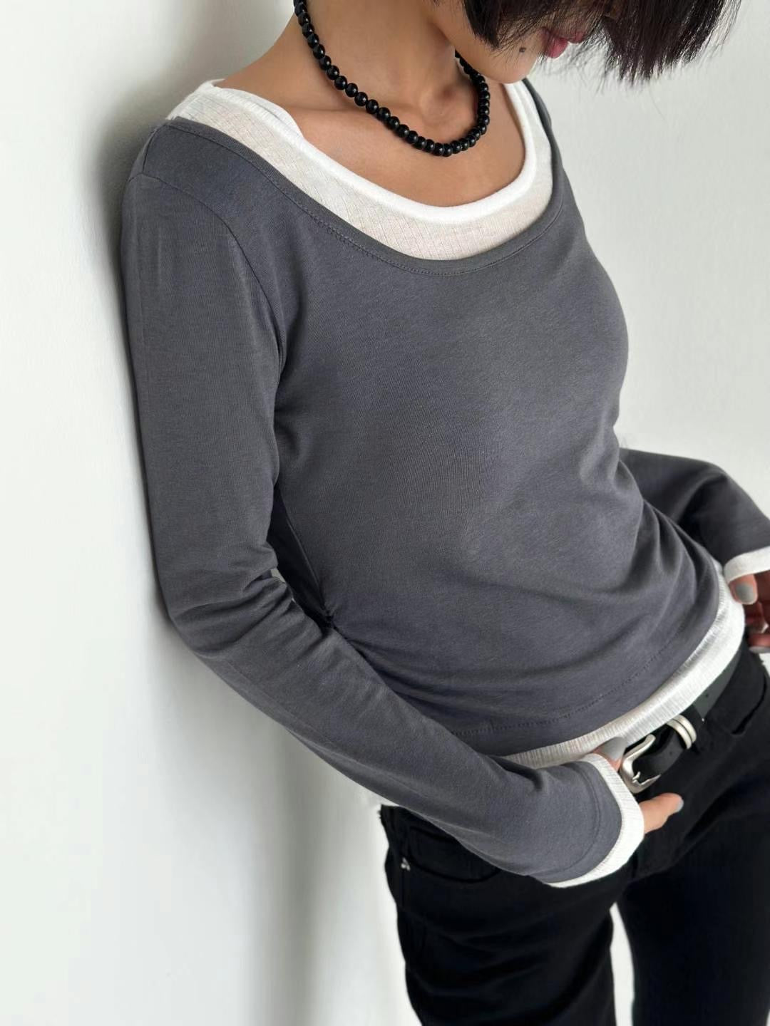 [ 有驚喜! 假兩件簡約 Top ] Long Sleeve Layering Tee - 3 colours