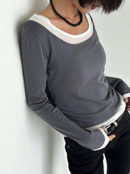 [ 有驚喜! 假兩件簡約 Top ] Long Sleeve Layering Tee - 3 colours