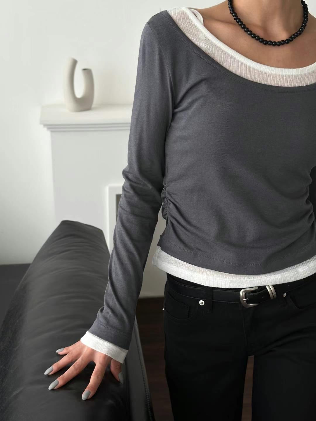 [ 有驚喜! 假兩件簡約 Top ] Long Sleeve Layering Tee - 3 colours
