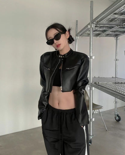 [ 性價比超高！] Doodles Faux Leather Jacket Cropped