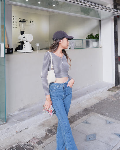 Button Up Stripes Skinny Top - Green Grey